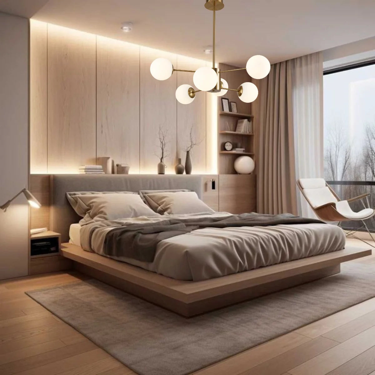 Hanglamp Amali – 6 Lichtpunten – Opaal Glas Brushed Gold – Ø60 cm – afbeelding 4