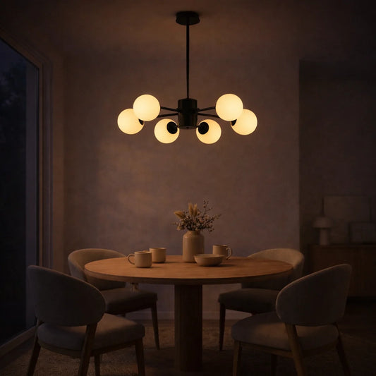 Hanglamp Amali – 6 Lichtpunten – Opaal Glas Zwart – Ø60 cm – afbeelding 2