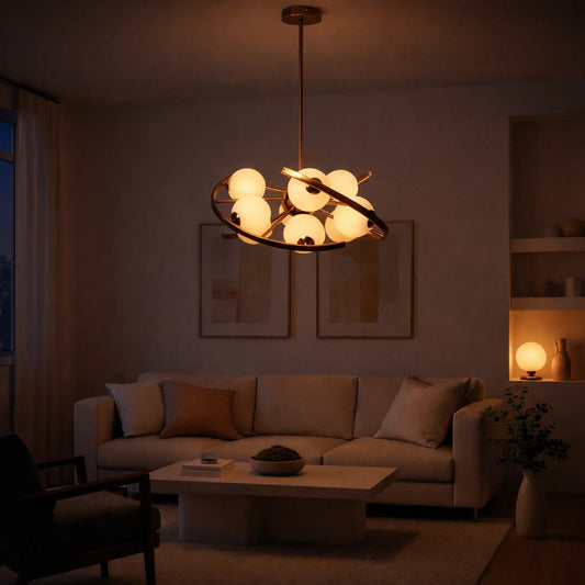 Hanglamp Skia – 9 Lichtpunten – Opaal Glas Brushed Gold – afbeelding 2