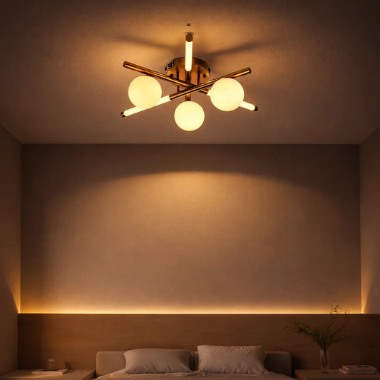 Plafondlamp Lela – Opaal Glas – Brushed Gold – Ø55 cm – 6 Lichtpunten – afbeelding 2