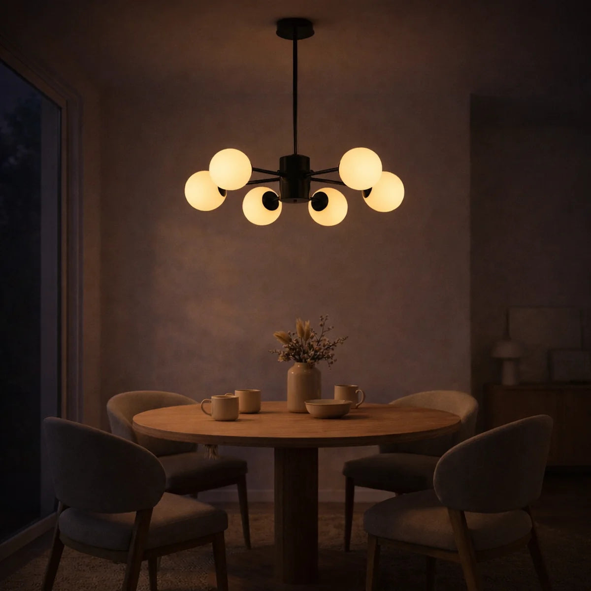 Hanglamp Amali – 6 Lichtpunten – Opaal Glas Zwart – Ø60 cm – afbeelding 2