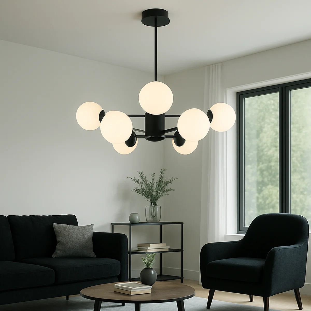 Hanglamp Amali – 8 Lichtpunten – Opaal Glas Zwart – Ø80 cm
