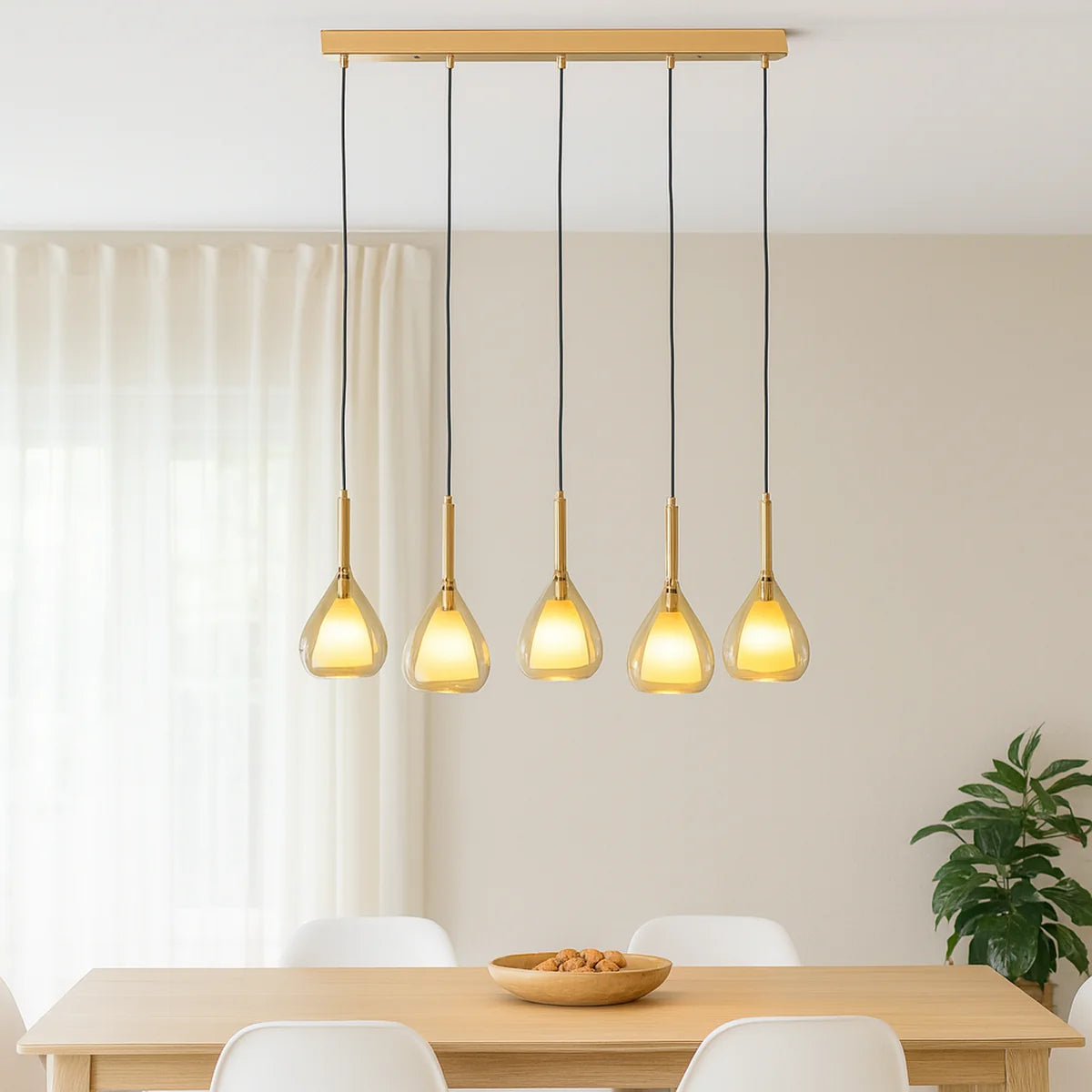 Hanglamp Mocha – 5 Lichtpunten – Amber Glas – Eettafel