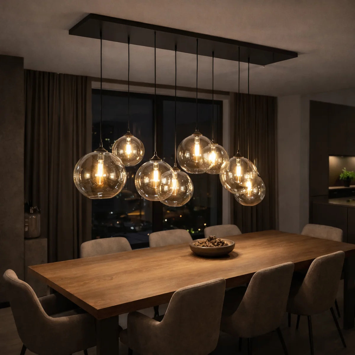 Hanglamp Morano – 8 Lichtpunten – Amber Glas – Eettafel 145 cm