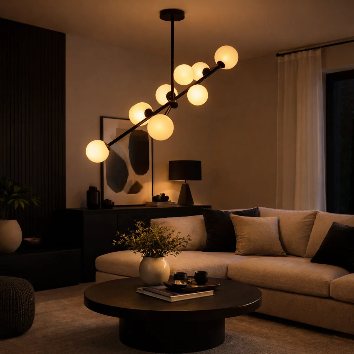 Hanglamp Sable – Roterend – 9 Lichtpunten – Opaal Glas Zwart – afbeelding 2