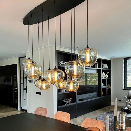 Hanglamp Sival – 10 Lichtpunten – Amber Glas – Eettafel Ovaal