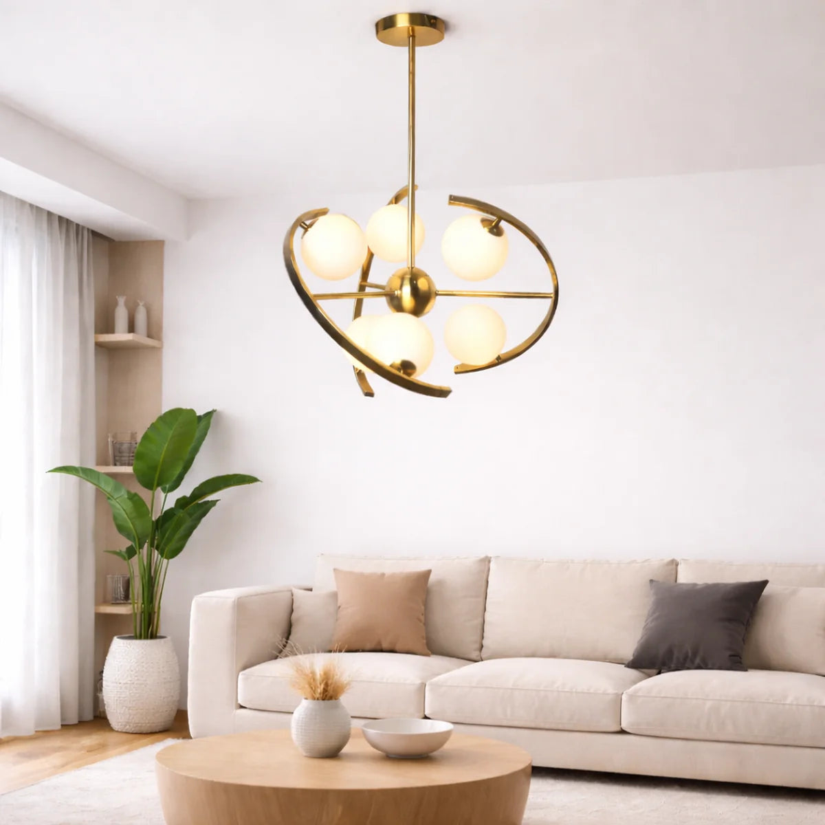 Hanglamp Skia – 6 Lichtpunten – Opaal Glas Brushed Gold