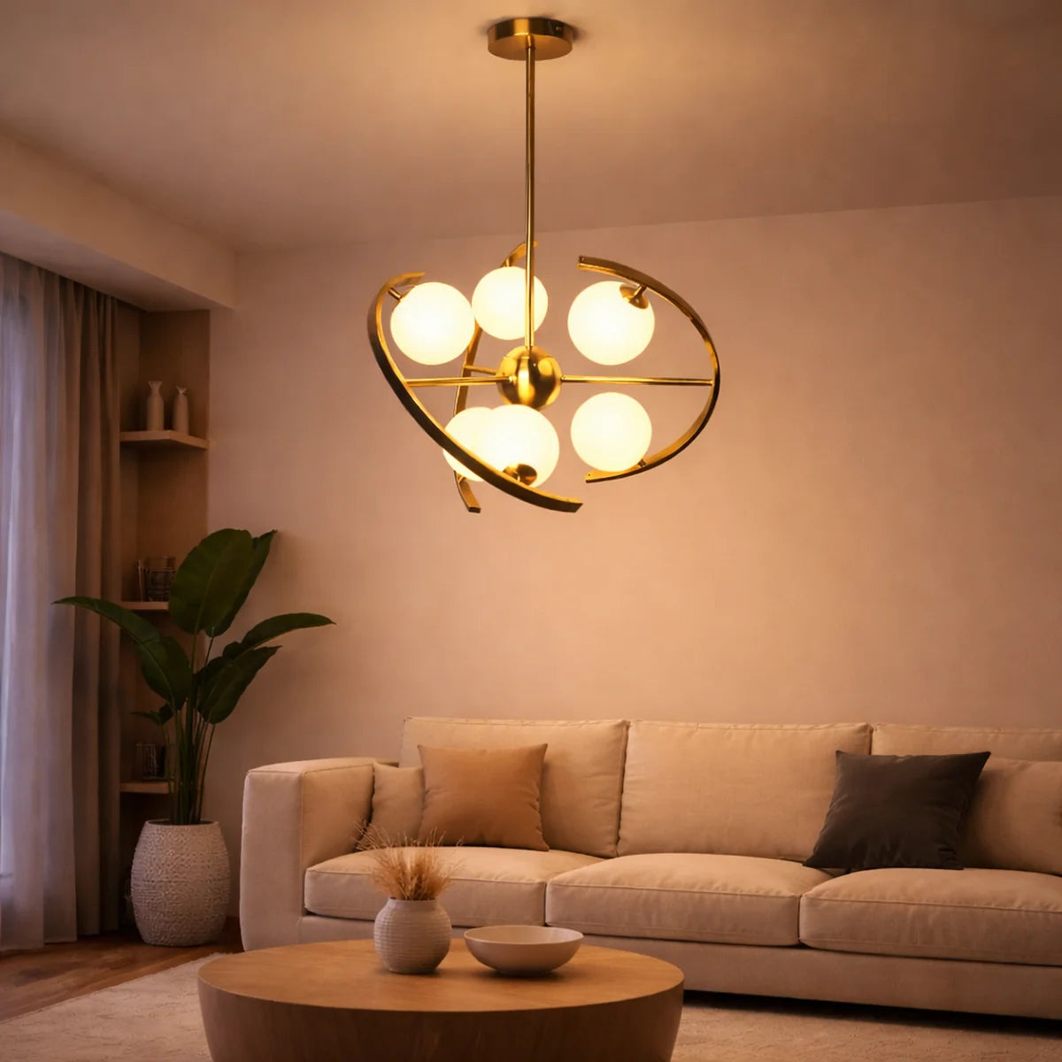 Hanglamp Skia – 6 Lichtpunten – Opaal Glas Brushed Gold – afbeelding 2