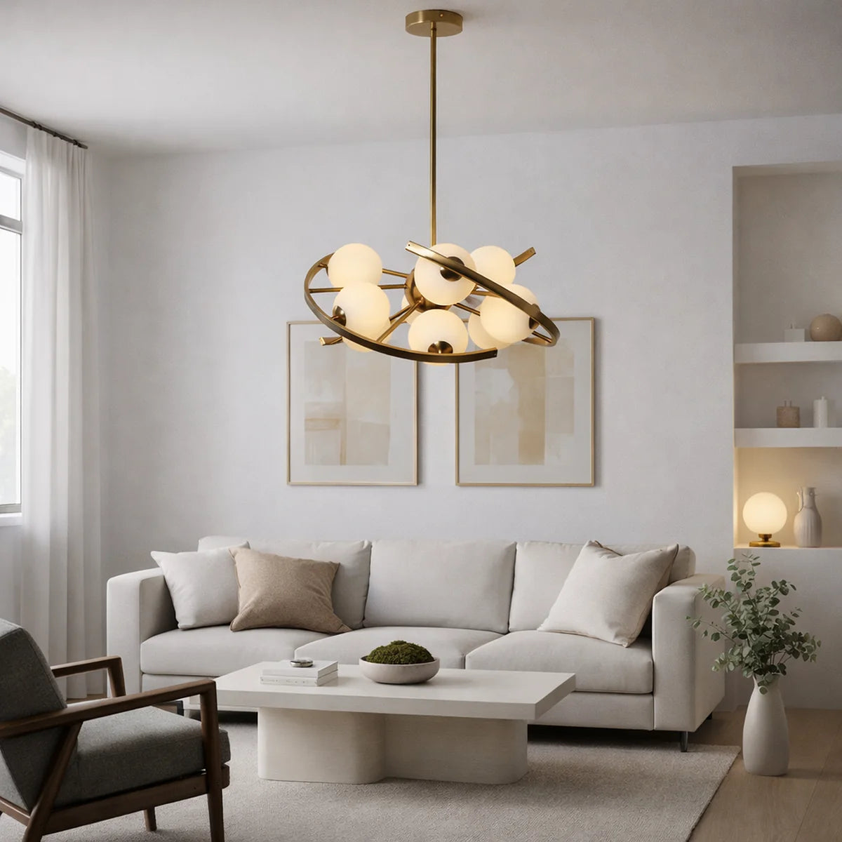 Hanglamp Skia – 9 Lichtpunten – Opaal Glas Brushed Gold