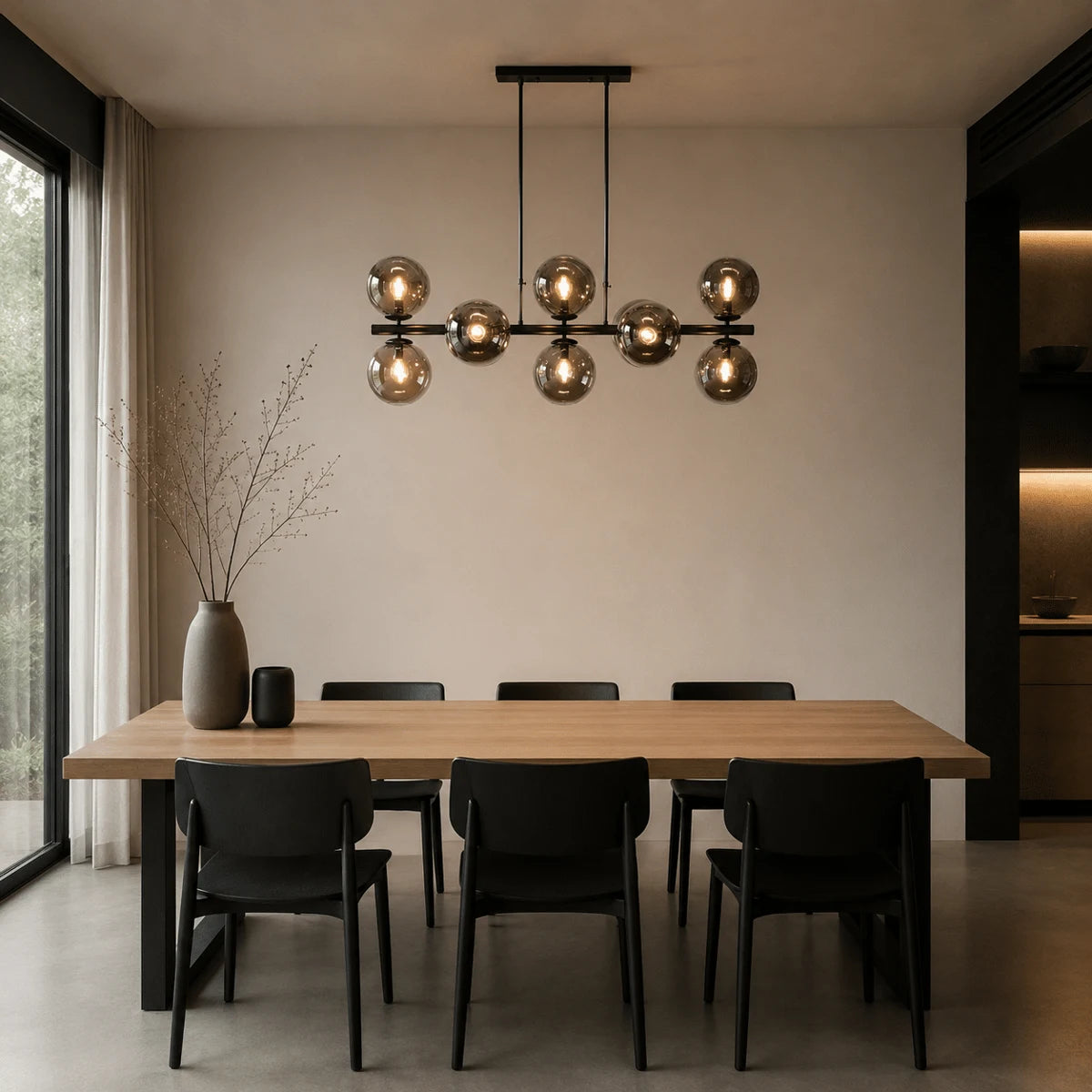 Hanglamp Trave – 10 Lichtpunten – Zwart – Glas 15 cm – Eettafel 120 cm