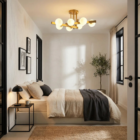 Plafondlamp Sable – Opaal Glas Brushed Gold – 9 Lichtpunten