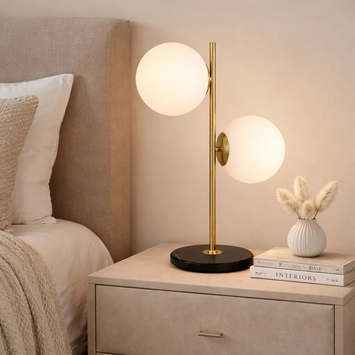 Tafellamp Lena – Marmer – Brushed Gold – Ø18 cm – 2 Lichtpunten